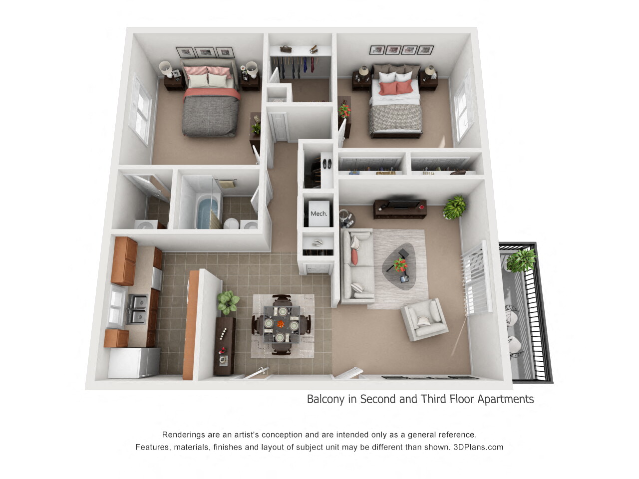 Floor plan for 2 beds, 1.5 baths, 1050 sqft
